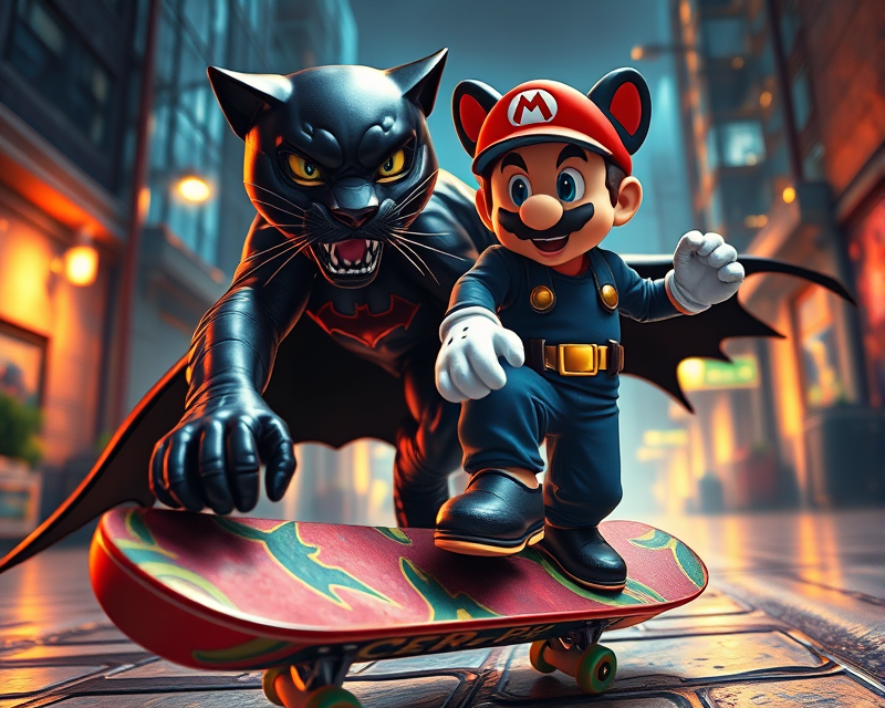 skateboard, panther, batman, super mario